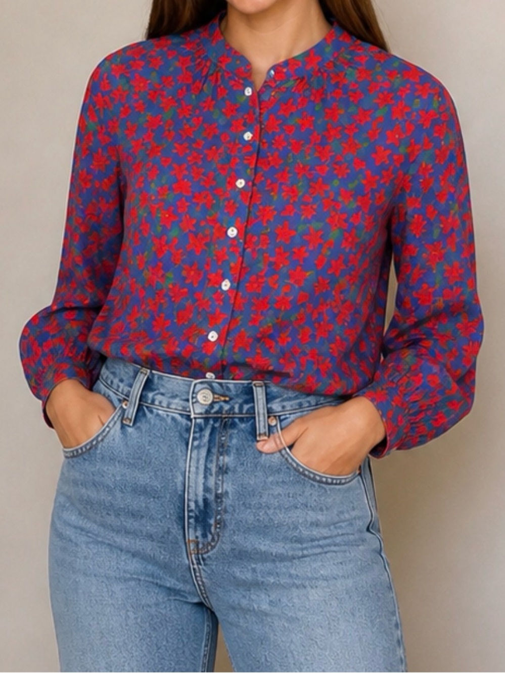Women’s Floral Button-Up Blouse in Blue & Red florals-M - Picture 4 of 7